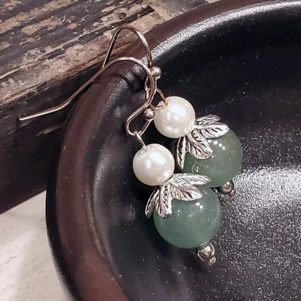 Handcrafted Malaysia Jade Gemstone White Faux Pearl Silver Dangle Earrings
